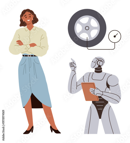 Futuristic technology, AI assistance, collaboration, automotive industry, innovation, robots in maintenance. Robot holding a clipboard and pointing, human standing nearby with a tire illustration. AI