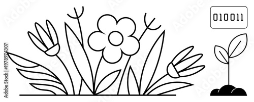 Environmental conservation, sustainability, technology, digital growth, nature, data connection. Line art showing flowers, a sprouting seedling and binary code. Environmental conservation