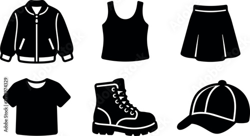 Jacket tank top skirt t shirt boot and cap clothing icons