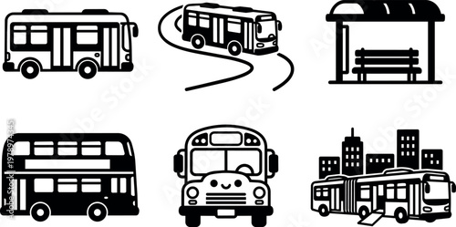 Various bus icons and bus stop illustration
