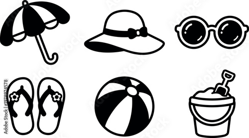 Black and white line art summer beach umbrella hat sunglasses sandals ball and bucket set