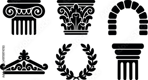 Black classical column capitals laurel wreath and arch vector set