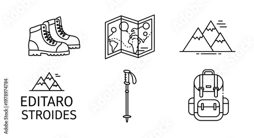 Hiking Trekking Travel Adventure Icons.
