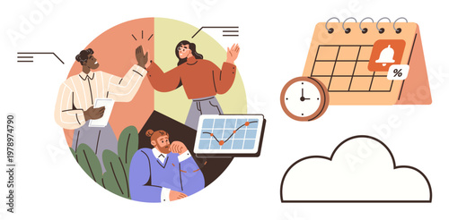 Teamwork, project planning, time management, task organization, scheduling, business strategy. People interacting with charts and calendar symbols. Teamwork and project planning