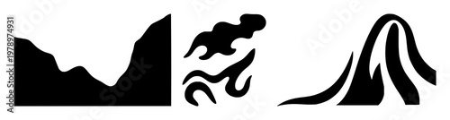 Geothermal energy icons set with solid black icon on white background featuring heat waves, black line art, thermal illustration with energy and geology