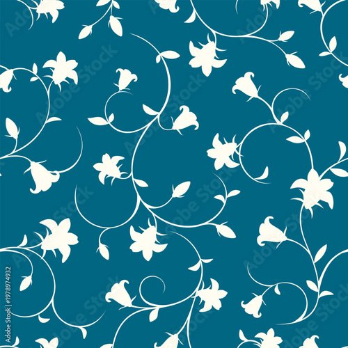 Seamless floral pattern with bluebell flowers. Vector floral print with small white flowers silhouettes on a blue background