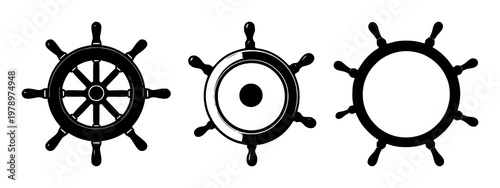 Cruise ship steering wheel icon set with solid black design on white background featuring maritime, navigation, ship with black and white and vector