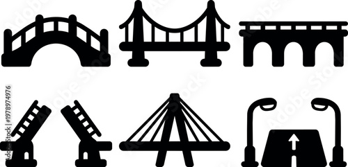 Black silhouette icons of different bridge styles and road with streetlights