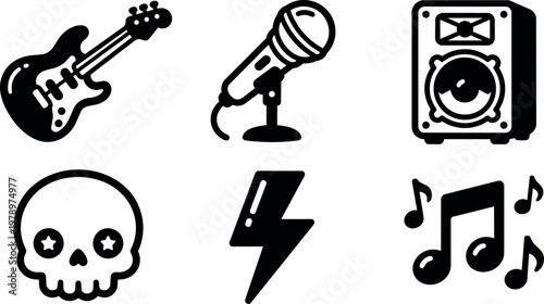 Black and white guitar microphone speaker skull lightning music note icons