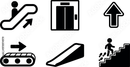 Black and white escalator elevator arrow conveyor belt stairs icons set