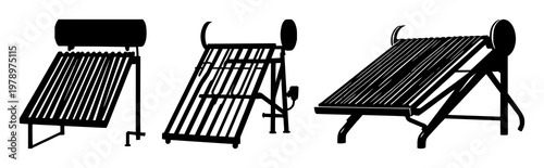 Solar thermal water heater set with solid black icon on white background featuring renewable energy, heating, water treatment with sustainable efficiency and clean technology