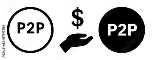 Peer-to-Peer Lending set with solid black icon on white background featuring financial technology, lending, digital network with peer-to-peer and credit