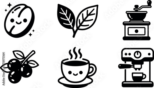Cute smiling coffee bean cup grinder leaves and berries vector icons set