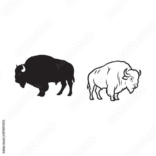 Black and white bison illustrations on white background