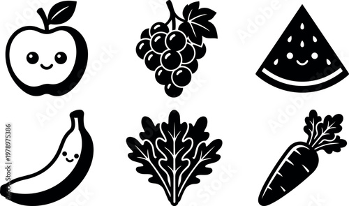 Cute black and white fruit and vegetable icons with smiling faces apple grape watermelon banana lettuce carrot