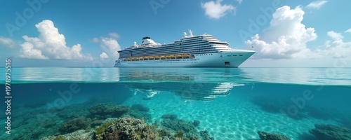 Giant cruise liner floats on clear blue ocean water. Underwater view shows vibrant coral reef and clear sea. Tropical paradise destination, summer vacation voyage.