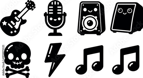 Guitar microphone speakers skull music notes and lightning bolt