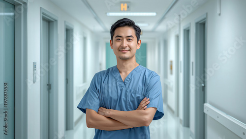 Plakat 明るい病院の通路で腕を組んで立つ日本人男性医師の人物写真