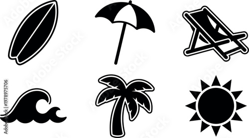 Black and white beach icons set with surfboard umbrella palm sun and wave