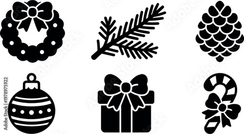 Black and white christmas wreath pine cone gift box and candy cane vector icons