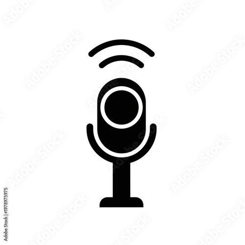 Bold digital microphone icon with signal waves, symbolizing active audio transmission for modern communication, podcasting, and voice recording technology