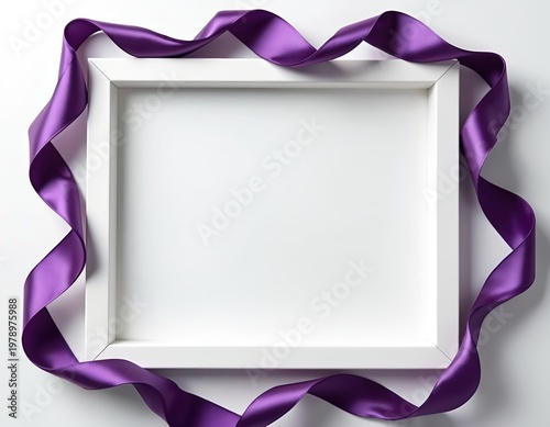 White square frame draped with flowing purple satin ribbon. Clean background offers ample copy space for text. Elegant decorative border for invitations cards announcements or celebration messages.