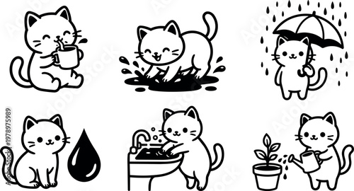 Black and white line art cats drinking washing playing and watering plants