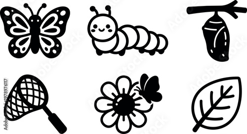 Black and white butterfly caterpillar chrysalis net flower and leaf line art icons