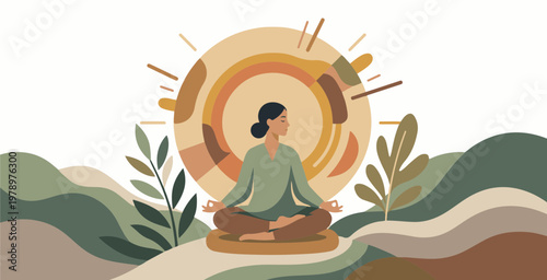 Serene Woman Meditating in Lotus Pose Surrounded by Nature and Abstract Sunburst