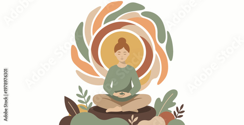 Person meditating in a serene setting surrounded by abstract colorful patterns, promoting peace and mindfulness