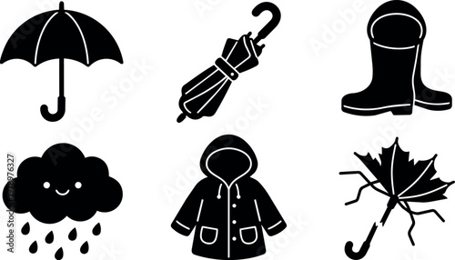 Black and white icons of rain cloud umbrella boots raincoat and leaf with umbrella