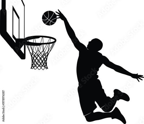 Basketball player performing a slam dunk silhouette vector illustration