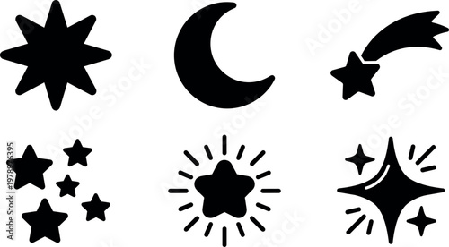 Black silhouette celestial icons with stars crescent moon and comet vector art