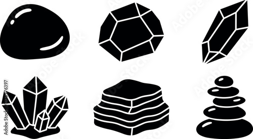 Black vector art of various stone gem crystal and mineral shapes in simple silhouette