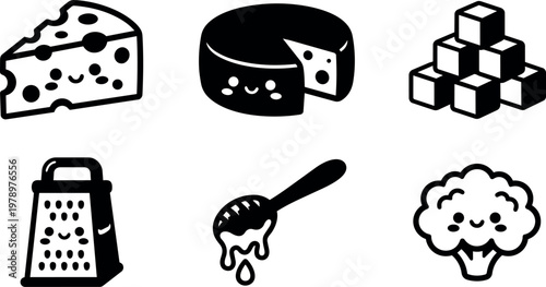 Black and white cute food icons with cheese honey grater broccoli and sugar cubes