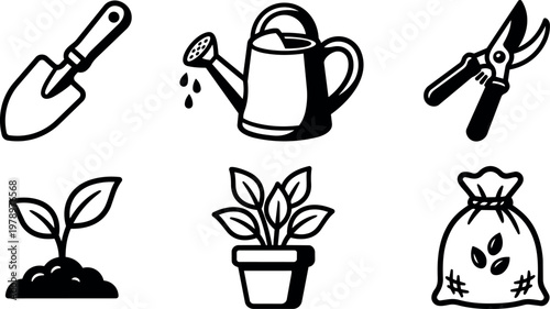 Black and white gardening tools and plant icons including watering can and pruning shears