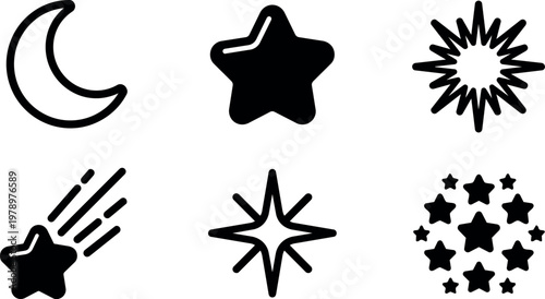 Black icons of moon stars sparkles and comets vector art