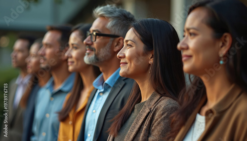 Diverse group of AAPI men and women in semi-formal attire stand together. They represent unity, community, and shared vision for progress and hope.