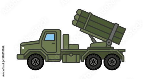 Flat minimal side view icon of missile launcher vehicle in clean geometric style.