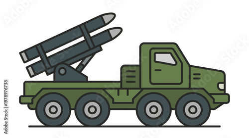Flat minimal side view icon of missile launcher vehicle in clean geometric style.