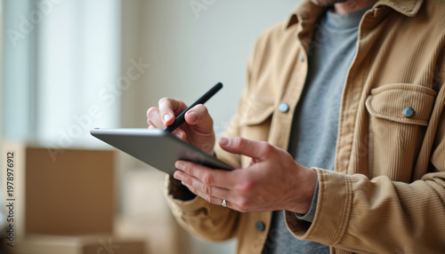 Man uses stylus on tablet in warehouse setting with boxes. He wears beige jacket and grey shirt. Focus on digital inventory management in logistics.