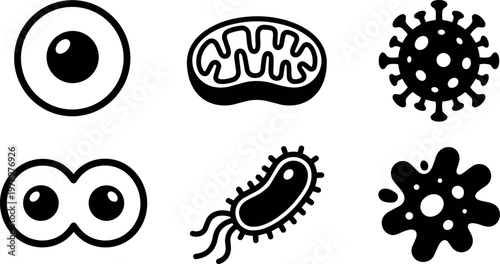 Black and white vector icons of cell organelles and microbes in flat design