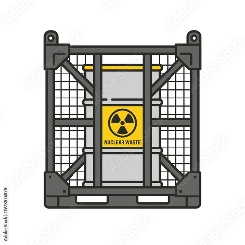 Flat minimal icon of nuclear waste container in secure transport frame