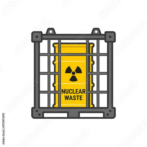 Flat minimal icon of nuclear waste container in secure transport frame
