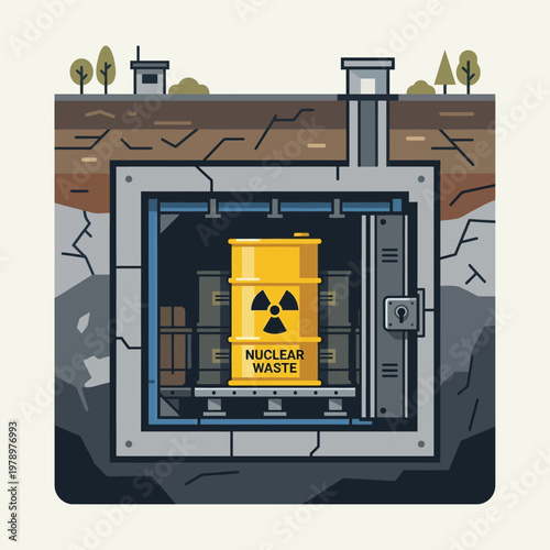Minimal flat icon of nuclear waste container in long-term storage vault
