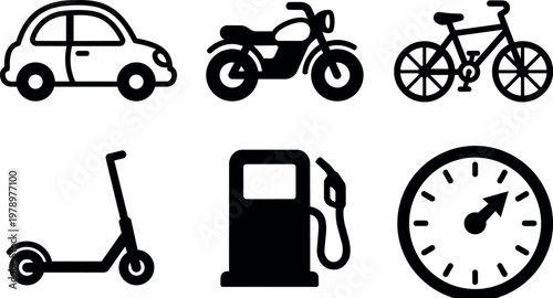 Black silhouette icons of car motorcycle bicycle scooter fuel pump and speedometer