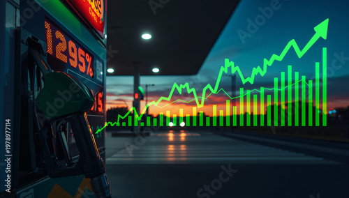 ガソリン価格表示と上昇チャートで示す燃料費高騰の生活イメージ