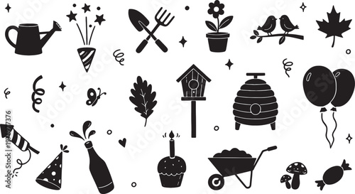 black and white illustration of various objects on white background