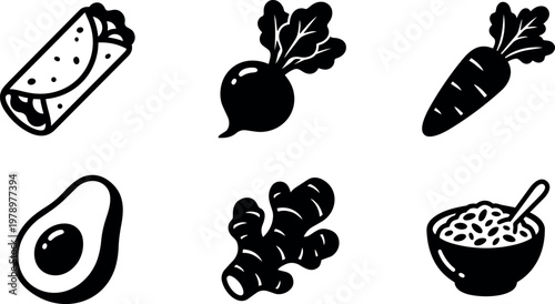Black and white vector icons of burrito beet carrot avocado ginger and bowl of food