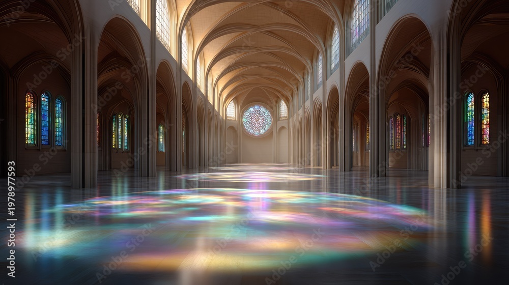 Fototapeta premium Serene interior of expansive hall with colorful light reflections from stained glass windows illuminating the polished floor under soft sunlight